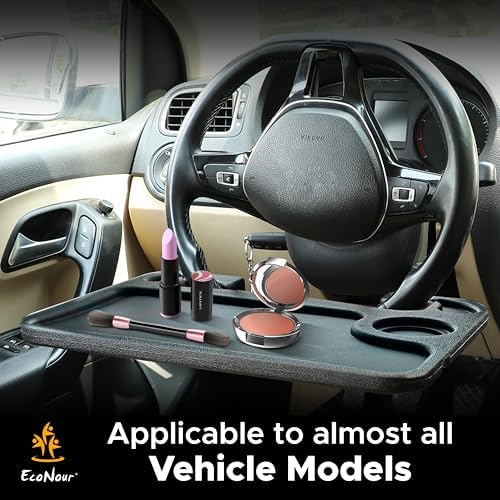 EcoNour 2 in 1 Car Steering Wheel Desk, Tray for Laptop Car Mount with Pen Holder| Food Tray for Eating with Drinks Holder | Multipurpose Travel Car Accessories