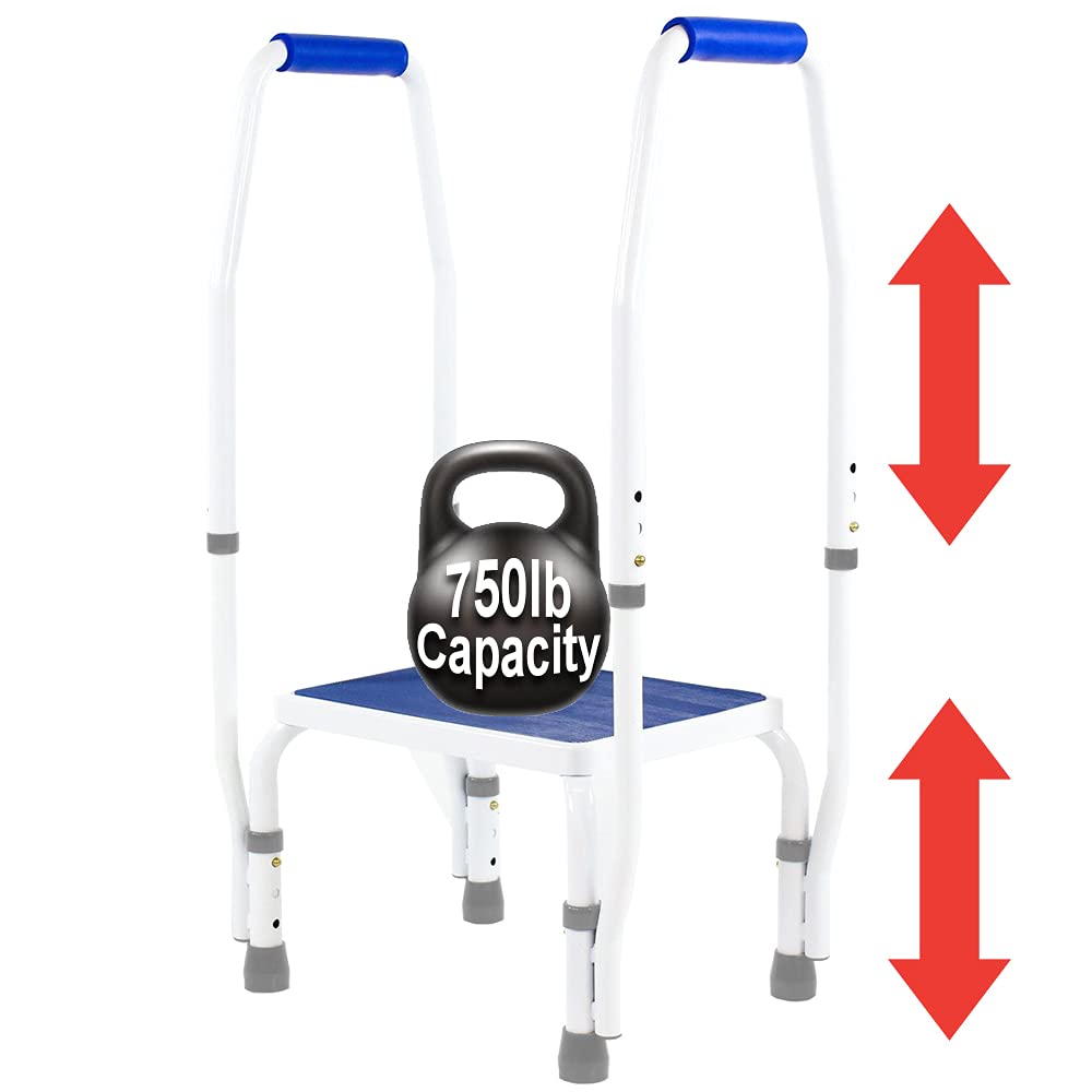Platinum Health AdjustaStep(tm) Bariatric DoubleSafe Deluxe Step Stool/Footstool with Dual Handle/Handrail, Height Adjustable. Modern White/Blue Design. Padded Non-Slip Hand Grips