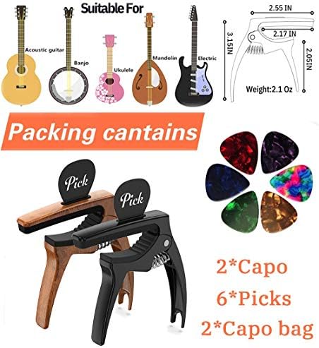 3in1 Guitar Capo for Acoustic and Electric Guitars,2 Pack(with Pick Holder and 6 Picks),Ukulele,Strings Accessories (Black&Wood)