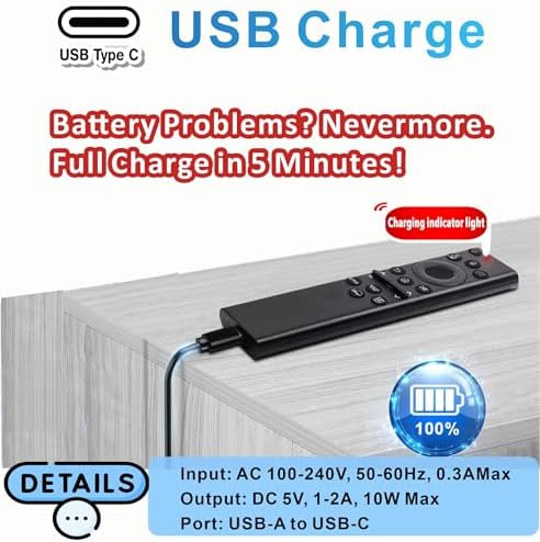 Replacement Smart Remote for Samsung TVs (Models from 2018-2025): Features Solar - Powered and USB - C Charging. for Samsung Neo, OLED, QLED, Crystal UHD, Frame TV, Terrace, Sero, and Serif Series