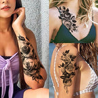 65 Sheets Black Realistic Flower Temporary Tattoos For Women Arm Thigh, 3D Fake Tattoos That Look Real And Last Long, Temp Rose Sketch Moon Snake Peony Floral Tattoo Stickers For Adults Girls