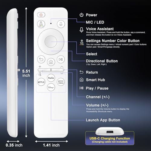 Voice Recharageable Remote for Samsung-Smart-TV-Remote-Control, Replacement Compatible for Samsung Frame QLED Crystal UHD Solar Smart TVs
