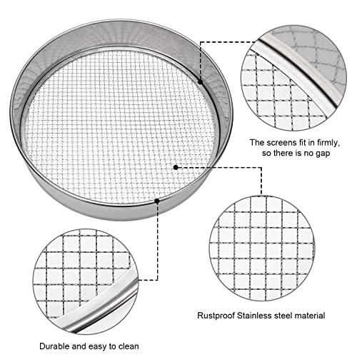 Soil Sieve Garden Potting Riddle Sieve Stainless Steel Soil Sieve Set, With 5 Interchangeable Filter Mesh Sizes 3,6,9,10,12mm and Bonus Spade