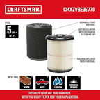 CRAFTSMAN CMXZVBE38779 Genuine General Purpose and Wet Application Wet Dry Vac Replacement Vacuum Filters for Most 5 to 20 Gallon CRAFTSMAN Shop Vacuums, Easy Installation, Liquid and Dry Pick-ups