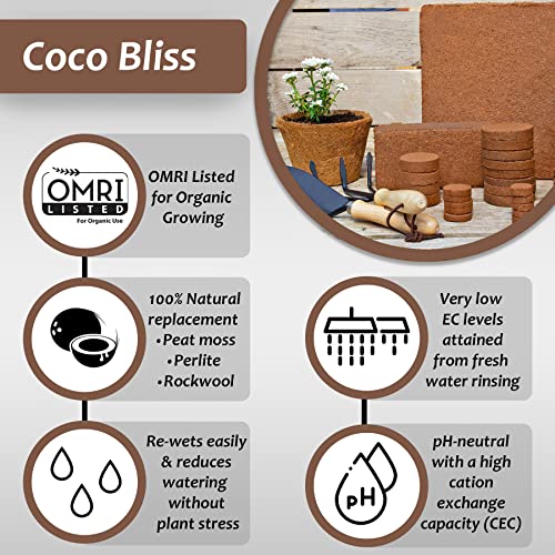 Organic Coco Coir by Coco Bliss - Compressed Coco Coir Brick with Low EC and pH Balance - High Expansion for Flowers, Herbs, and Planting - Renewable Coconut Soil (10lb Block)