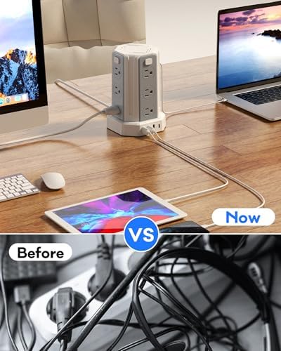 Power Strip Surge Protector, 10 Ft Extension Cord with 12 AC Multiple Outlets 4 USB (1 USB C), SMALLRT Power Tower Desktop Charging Station, Home Dorm Room Office Essentials, Desk Accessories White