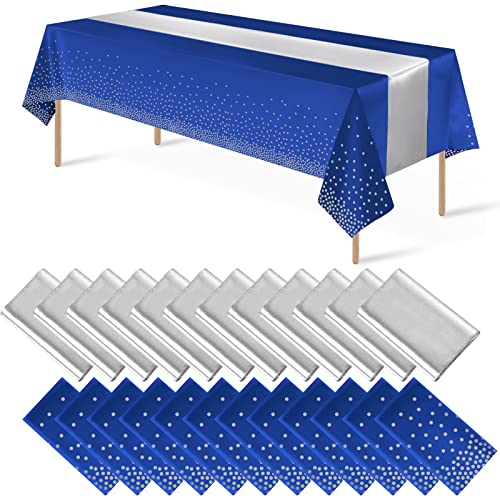 24Pack Disposable Plastic Tablecloths and Satin Table Runner Set Blue and Silver Dot Tablecloth Silver Satin Table Runner for Wedding Birthday Baby Shower Anniversary Christmas New Year Party Supplies
