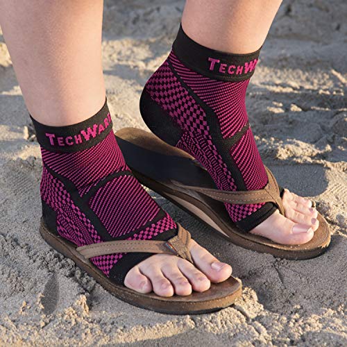 TechWare Pro Ankle Brace Compression Sleeve - Relieves Achilles Tendonitis, Joint Pain. Plantar Fasciitis Foot Sock with Arch Support Reduces Swelling & Heel Spur Pain. (Black/Pink, L/XL)