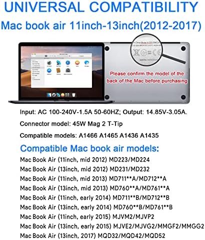 Replacement Mac Book Air Charger 45W T-Tip AC Shape Connector Power Adapter Charger for Mac Book Air 11 inch and 13 inch After Mid 2012