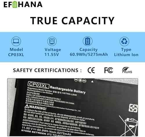 CP03XL 929072-855 Laptop Battery Replacement for Hp Spectre X360 Convertible 3-ae 13-ae0xx 13-ae000 13-ae013dx 13-ae049ng 13-ae001ng 929066-421 HSTNN-LB8E CPO3XL CP03060XL 11.55V 60.9Wh/5275mAh