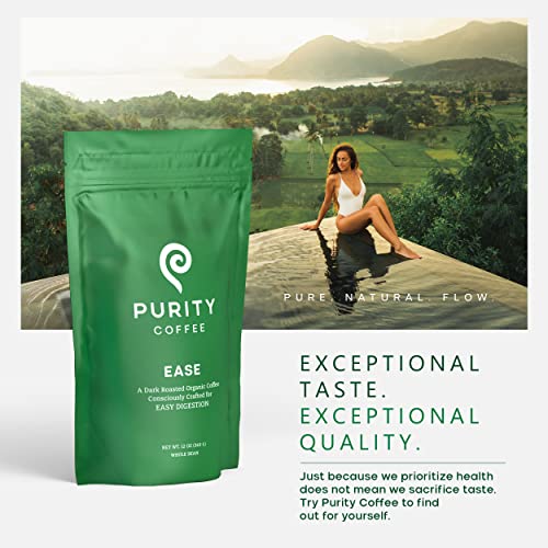 Purity Coffee EASE Dark Roast Low Acid Organic Coffee - USDA Certified Organic Specialty Grade Arabica Whole Bean Coffee - Third Party Tested for Mold, Mycotoxins and Pesticides - 12 oz Bag