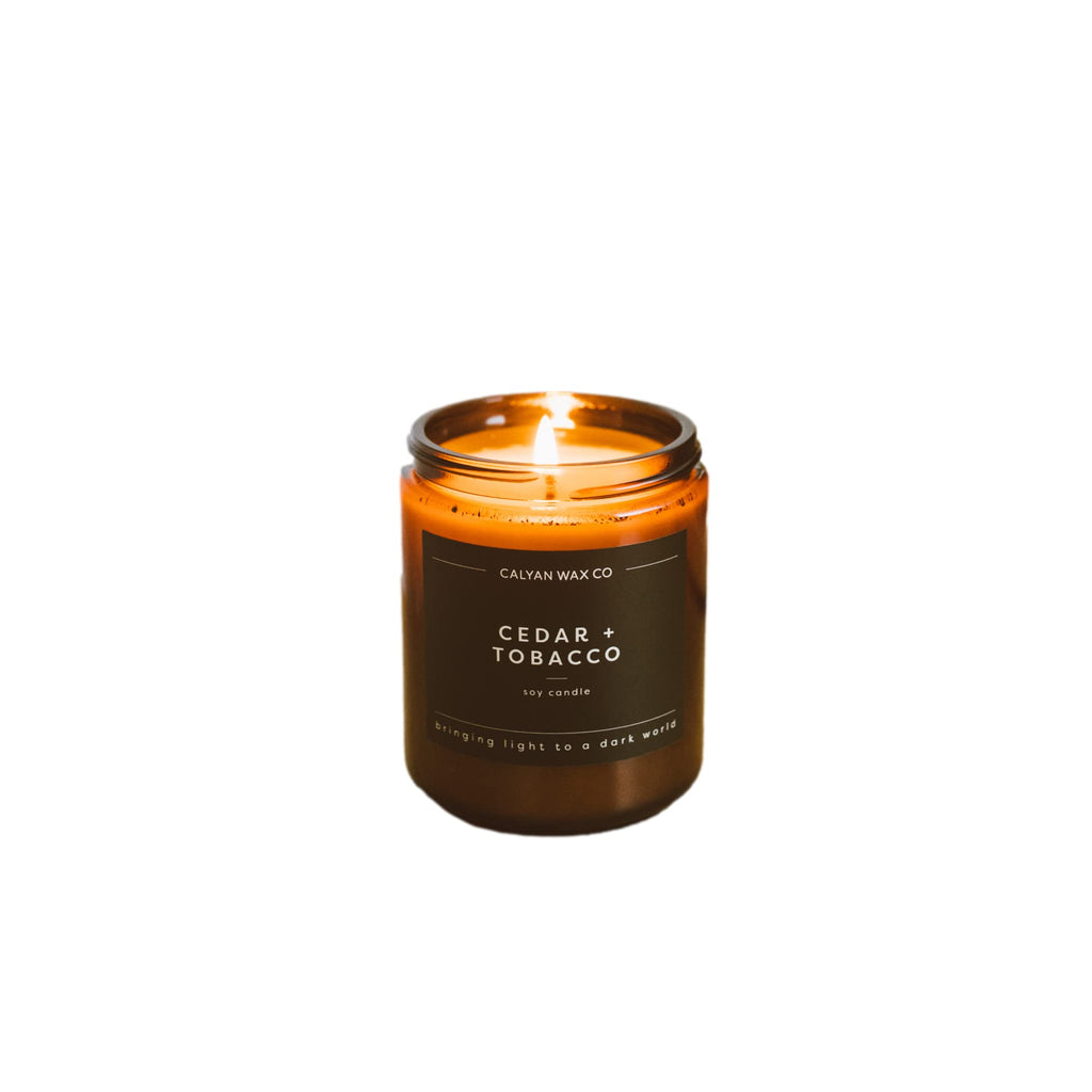 Calyan Wax Soy Wax Candle, Cedar & Tobacco Scented Candle for The Home | Premium Candle with Essential Oils | 7.2 oz 57 Hour Burn | Soy Candle in Amber Glass Jar | Aromatherapy, Gift