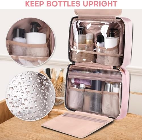 Travel Toiletry Bag for Women, Portable Makeup Cosmetic Bag with Hanging Hook, Travel Essentials 3 in 1 Packing Organizer Travel Bag for Accessories, Shampoo, Full-size Container, Toiletries