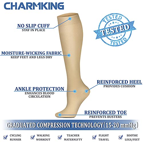 CHARMKING Compression Socks for Women & Men (8 Pairs) 15-20 mmHg Graduated Copper Support Socks are Best for Pregnant, Nurses - Boost Performance, Circulation, Knee High & Wide Calf (L/XL, Nude)
