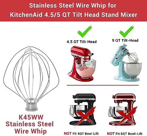 K45WW Stainless Steel Wire Whip Attachment for KitchenAid, 6 Wire Whisk Replacement for KitchenAid 4.5-5 Quart Tilt-Head Stand Mixers, Dishwasher Safe, Sliver