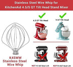 K45WW Stainless Steel Wire Whip Attachment for KitchenAid, 6 Wire Whisk Replacement for KitchenAid 4.5-5 Quart Tilt-Head Stand Mixers, Dishwasher Safe, Sliver