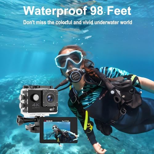 4K 30FPS WiFi Action Camera- 98FT Waterproof Ultra HD Underwater Camera, 170° Wide Angle 2.0" Screen, Sports Camera with 2 Batteries, 64G Memory Card, Mounting Accessories Kit