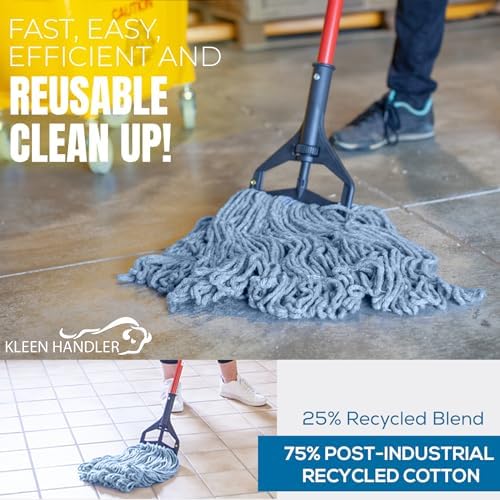 KLEEN HANDLER HEAVY DUTY Commercial Mop Head Replacement, Wet Industrial Cotton Looped End String Cleaning Mop Head Refill, Blue Mop, Universal Headband
