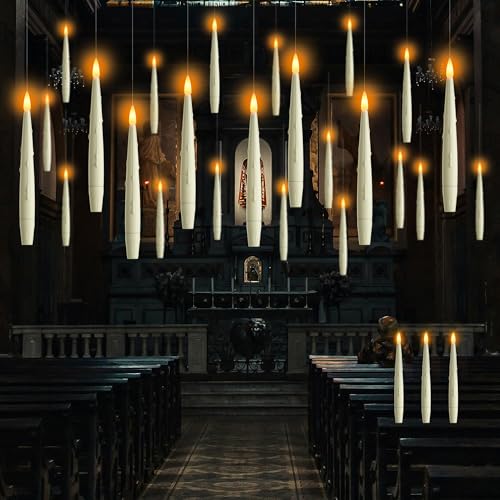 AFINETH Flameless Floating Candles with Wand, Magic Hanging Candles, Flickering Floating LED Candles, Ivory Battery Operated Electric Taper Candles for Halloween Christmas Birthday Theme Party, 12 PCS