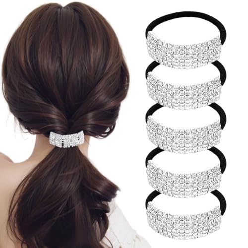 5Pcs Chic Rhinestone Hair Bands Elastic Crystal Hair Ties Hairband Women Ponytail Holders Scrunchies Hair Accessories Silver