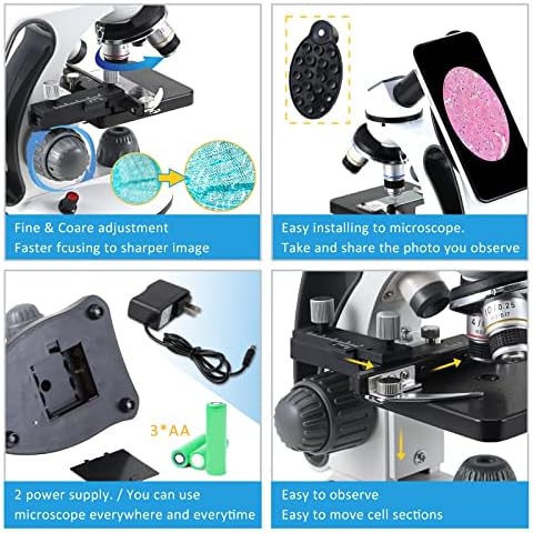40X-2000X Microscopes for Kids Students Adults, with Microscope Prepared Slides 30p, 2.0 mp Camera, Microscope Accessories, Phone Adapter, Microscopes for School Laboratory Home Education