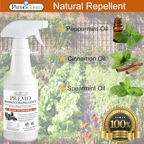 Rodent Repellent Spray by Premo Guard - 32 oz - Natural Child & Pet Safe - Uses Peppermint Oil to Repel Mice, Rats, Skunks, Raccoons, Deer & Other Unwanted Animals - Ready to Use for Indoor & Outdoor