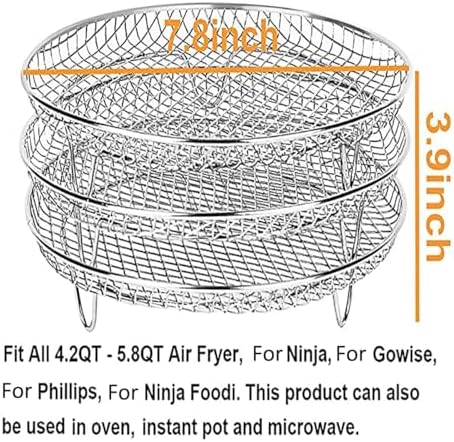 8 inch Round Air Fryer Racks 3 Layers Stackable Dehydrator Rack, 304 Stainless Steel Bacon Air Fryer Accessories for Ninja, Oven, Double Drawer Basket Grill Rack, Ninja Foodi Grill (A)