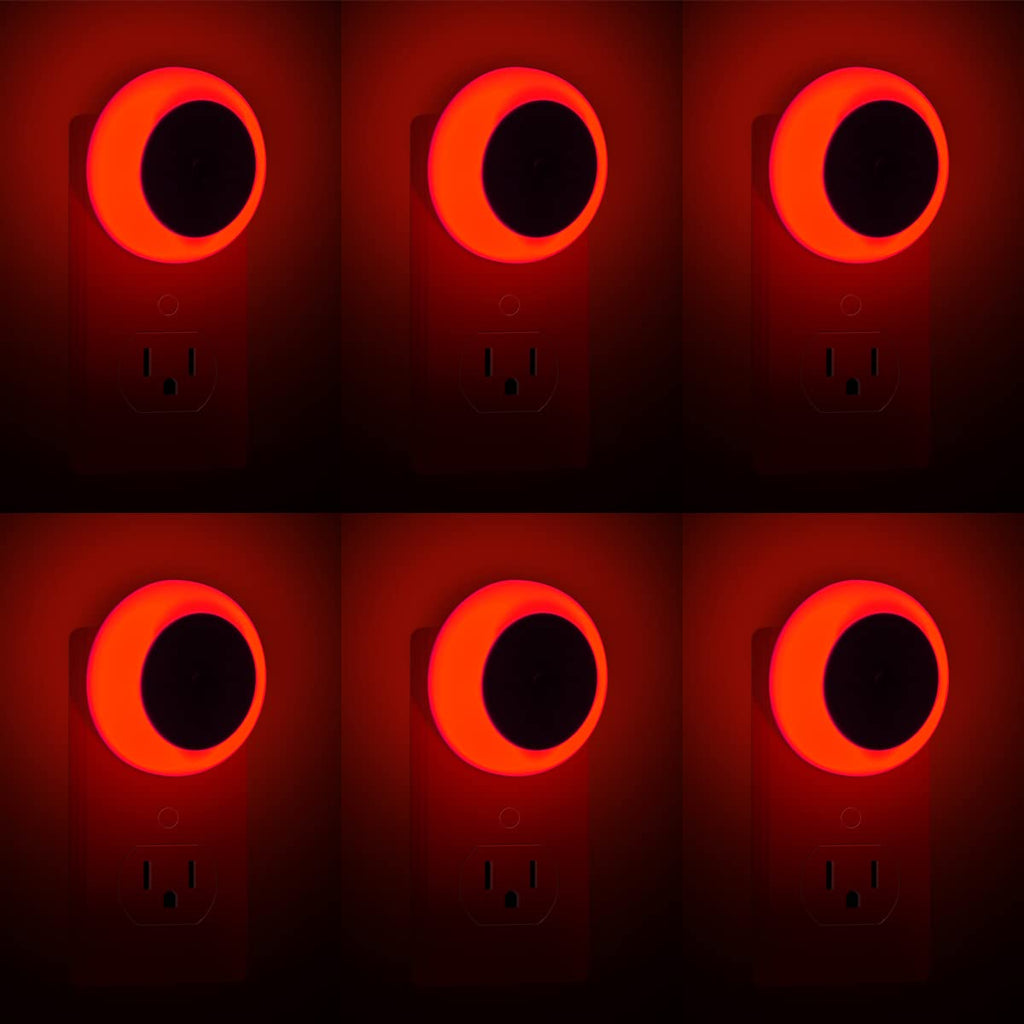 KINUR 6 Pack Red LED Plug into Wall with Dusk to Dawn sensors Plug in Night Lights for Kids Room, Bedroom, Bathroom, Baby Nursery,Stair Lights, Hallway Light