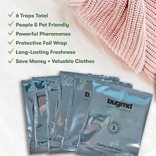 BugMD Clothes Moth Boss Traps (6 Count, White) - Sticky Glue Bug Repellent Pheromone Attractor for Closets Wardrobes Cabinet Drawers, Moth Balls for Closet, Moth Traps with No Harsh Chemicals