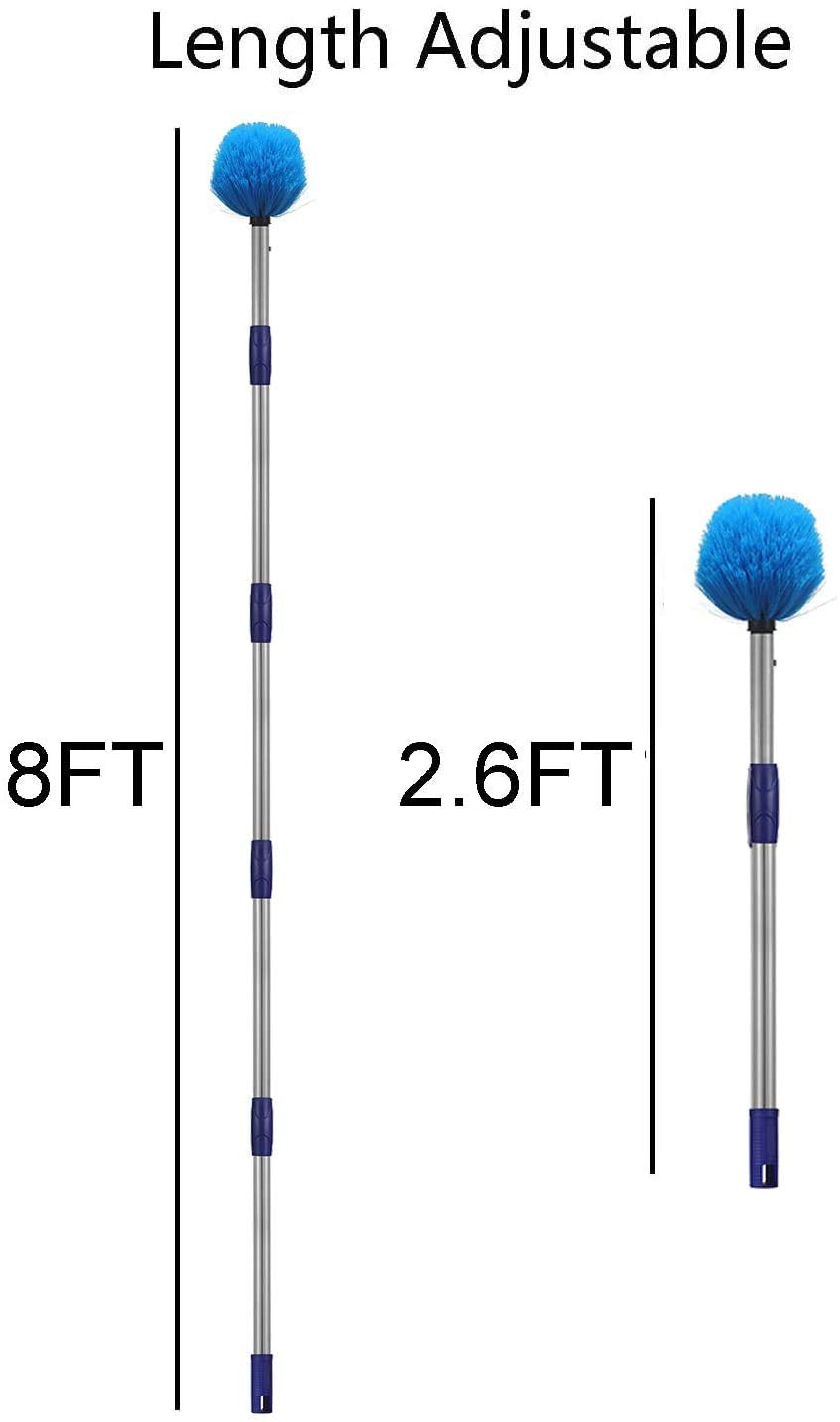 Cobweb Duster with Pole, 8ft Stainless Steel Pole Cobweb Brush with Medium-Stiff Bristles for Walls Beams Shelves Iight Fixtures and Window Screens
