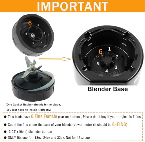 6-Fins Female Ninja Blender Blade Replacement parts Compatible with BL450 BL480 BL480D BL482 BL456, Ninja Blender Replacement Parts Ninja Bottom 6 Fins Female Blade (4 Inch Female Fins ONLY)