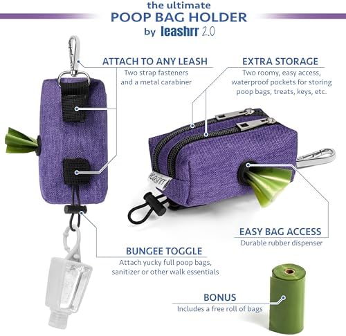 Dog Poop Bag Holder for Leashes - Dog Poop Bag Dispenser and Treat Holder with 2 Waterproof Pouches for Pet Waste Bags and Walking Accessories + 1 Free Roll - Leashrr 2.0 (Pink)