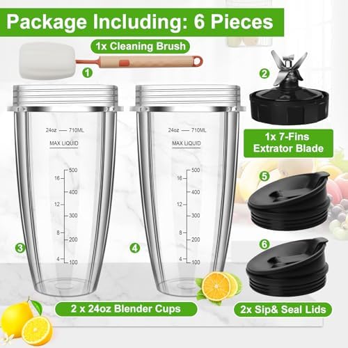 Blender Replacement Parts for Ninja, 2 24oz Ninja Blender Cups Replacement with To-Go Lids, 7-Fins Extractor Blade for Nutri Ninja Auto iQ BN401 BN751 BN801 BN800 BL682 BL480-30 NN100
