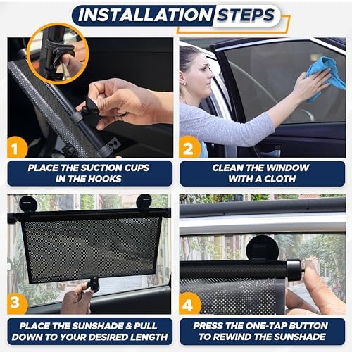 EcoNour Car Side Window Sun Shade (2 Pack) | Retractable Car Roller Sunshade for Kids | Baby Car Window Shades for UV and Sun Glare Protection | Baby Car Travel Accessories (15"x17")