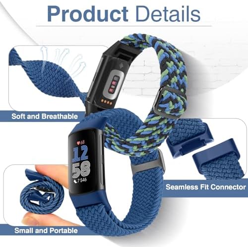 Braided Watch Bands Compatible with Fitbit Charge 6/Fitbit Charge 5 for Women Men, Elastic Adjustable Solo Loop Stretchy Nylon Woven Replacement Wristbands for Fitbit Charge 6/Fitbit Charge 5
