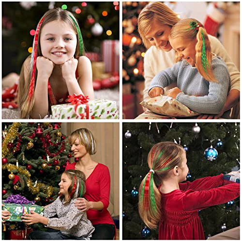 FEBSNOW 47 Inches Tinsel Hair Extension with Tool 2400 Strands 3 Colors Hair Extension Tinsel Kit Glitter Hair Extensions for Women Girls Hair Accessories for Christmas New Year Halloween Party