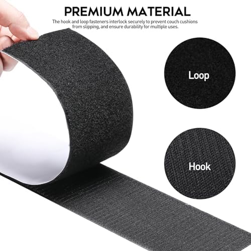 4.4 Inches x 7 Feet Strong Sticky Back Heavy Duty Hook and Loop Tape with Adhesive, Non-Slip Couch Cushion Grip Accessories, Double Sided Strip Roll to Prevent Sliding, Black