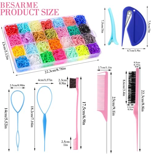 BESARME 28 Colors Rubber Bands for Hair with 7 Hair Styling Tools, 2100 Pcs Colorful Elastic Hair Ties Ponytail Holders Hair Accessories for Girls Baby Toddler Christmas Gifts