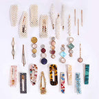 28 PCS Hingwah Pearls and Acrylic Resin Hair Clips, Handmade Hair Barrettes, Marble Alligator bobby pins, Glitter Crystal Geometric Hairpin, Elegant Gold Hair Accessories, Gifts for Women Girls