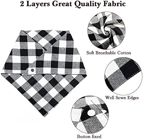 2PCS Chirstmas Red and Black-White Plaid Dog Bandanas with Button, Dual Layer Scarf Soft Cotton Triangle Bib Girls and Boys Kerchief Adjustable Accessories for Small Medium Large Pets