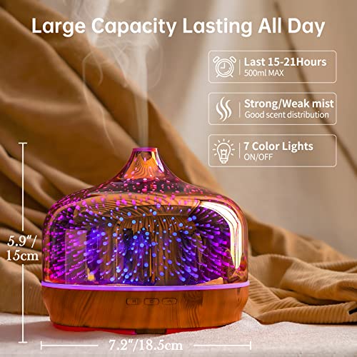 Porseme 500ml Essential Oil Diffuser 3D Glass Aromatherapy Ultrasonic Humidifier - Auto Shut-Off, Timer Setting, BPA Free for Home Hotel Yoga SPA Gift