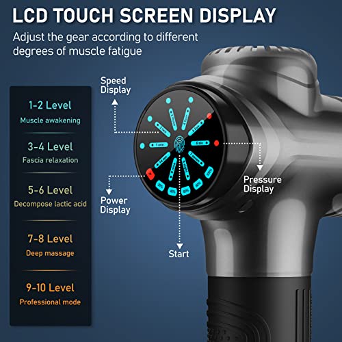 RAEMAO Massage Gun Deep Tissue, Back Massage Gun for Athletes for Pain Relief Attaching 10 PCS Specialized Replacement Heads, Percussion Massager with 10 Speeds & LED Screen, Grey