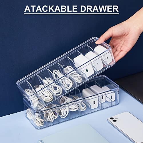 Tatuo 1 Pcs Cable Organizer with 10 Wire Ties, Clear Plastic Cord Storage Box with Lid for Home Office Desk Organizers and Accessories