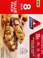 Atkins Chocolate Almond Caramel Protein Meal Bar, High Fiber, 15g Protein, 1g Sugar, 3g Net Carbs, Meal Replacement, Keto Friendly, 8 Count