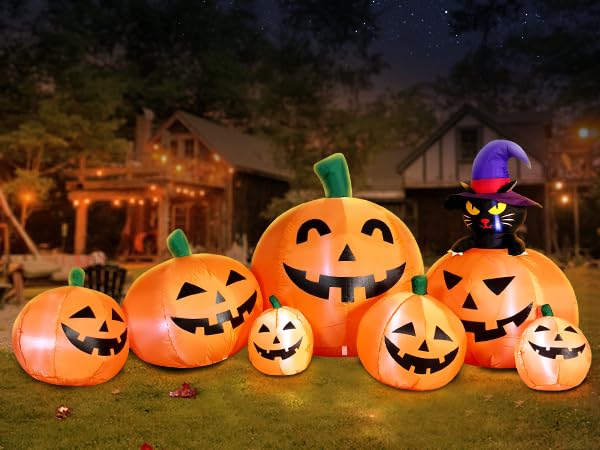 DomKom 8 FT Long Halloween Inflatable Decorations Pumpkin with Black Cat, Outdoor Holiday Decor Blow Up Halloween Yard Decor, LED Lights Inflatables Outdoor Garden Lawn Halloween Decor