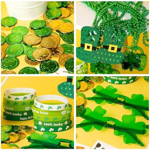 163Pcs St. Patrick's Day Accessories Party Favor Set, Tattoo Stickers, Necklaces, Bracelets, Shamrock Glasses, lucky Coins for Irish Party Supplies