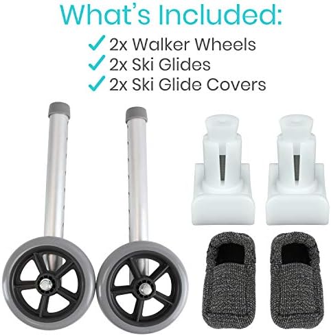 Vive Walker Wheels, Ski Glides, Accessories Covers for Seniors (6 PCS), Replacement Feet Parts Ball Set for Folding Medical Roller Safety- Front, Back Stability 5" Rubber, Bariatric - Universal Size