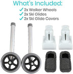 Vive Walker Wheels, Ski Glides, Accessories Covers for Seniors (6 PCS), Replacement Feet Parts Ball Set for Folding Medical Roller Safety- Front, Back Stability 5" Rubber, Bariatric - Universal Size