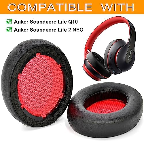 Life Q10 Ear Pads Replacement Ear Cushion Foam Soft Earpads Compatible with Anker Soundcore Life Q10 / Q10 BT/Life 2 NEO Bluetooth Headphones Ear Cushion (Black/Red)