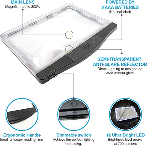 MagniPros 5X Large Ultra Bright LED Page Magnifier with Anti-Glare Lens & Stepless LEDs(Provide Even Lighting & Relieve Eye Strain)-Ideal for Reading Small Prints & Low Vision, Seniors